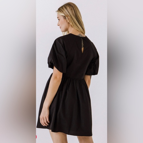English Factory Black Short Balloon Sleeve Mini Dress SZ SM 100% cotton babydoll - Picture 4 of 12
